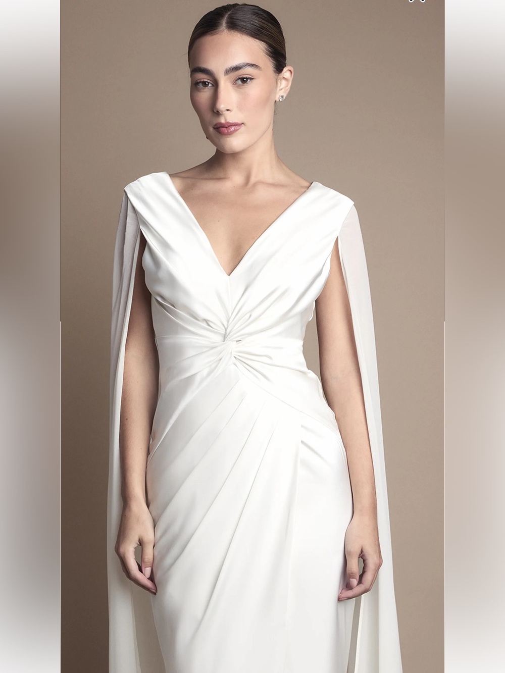 Sleek White V-Neck Wedding Dress with Draped Cape Detail - Picture 5 of 5